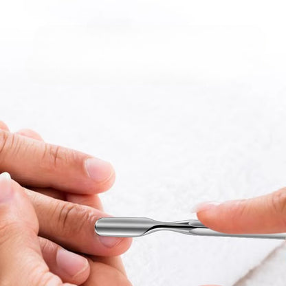 Dual End Stainless Steel Cuticle Pusher - Beveled Head with Spoon / Horseshoe (U-shaped) Head