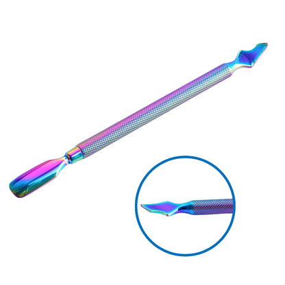 Iridescent (Rainbow) Dual End Stainless Steel Cuticle Pusher - Spoon & V‑shaped Head