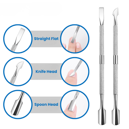 Dual End Stainless Steel Cuticle Pusher Set - Spoon & Various Head