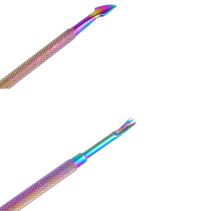 Iridescent (Rainbow) Dual End Stainless Steel Cuticle Pusher - Fork & Pointed Head