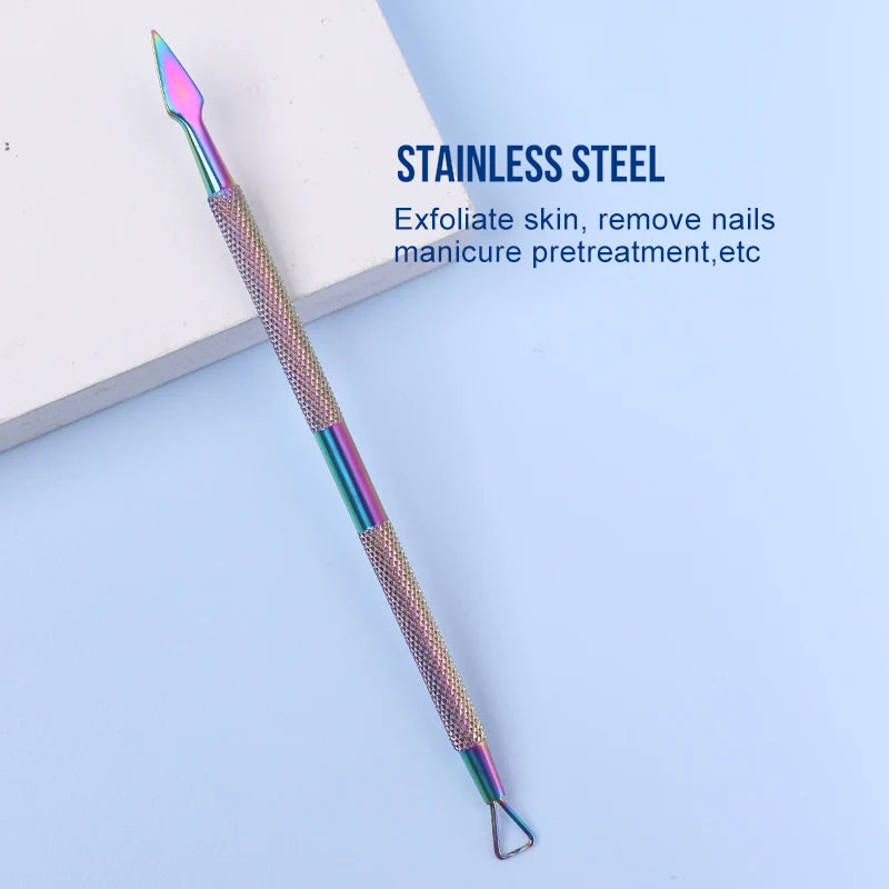 Iridescent (Rainbow) Dual End Stainless Steel Cuticle Pusher - Triangle & Arrow Head