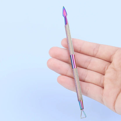 Iridescent (Rainbow) Dual End Stainless Steel Cuticle Pusher - Triangle & Arrow Head