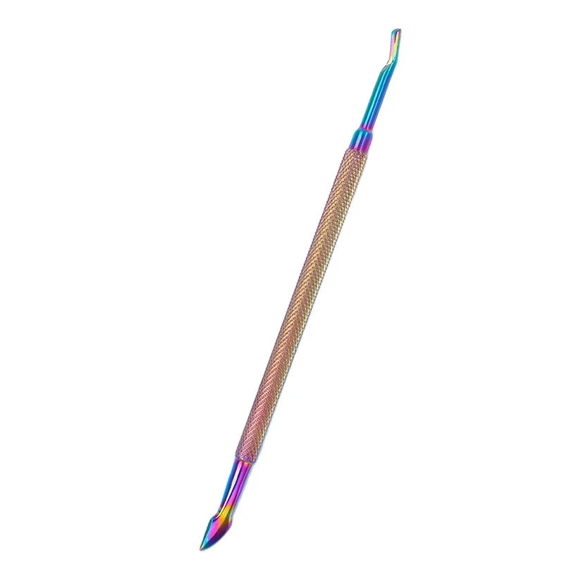 Iridescent (Rainbow) Dual End Stainless Steel Cuticle Pusher - Fork & Pointed Head