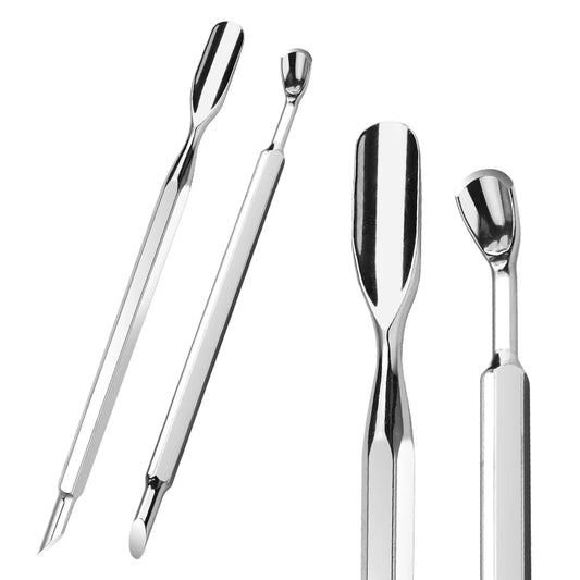 Dual End Stainless Steel Cuticle Pusher - Beveled Head with Spoon / Horseshoe (U-shaped) Head