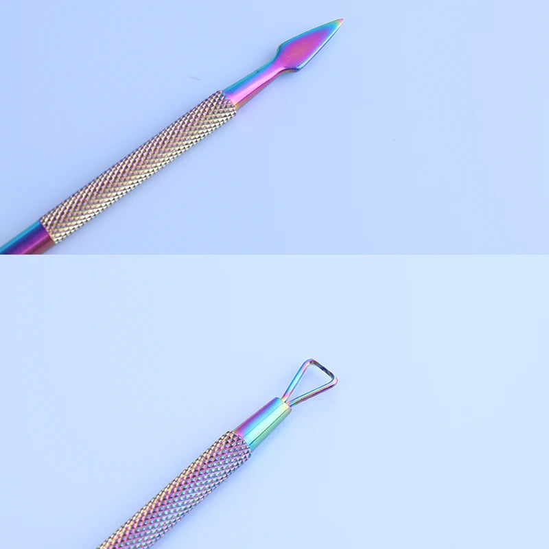 Iridescent (Rainbow) Dual End Stainless Steel Cuticle Pusher - Triangle & Arrow Head