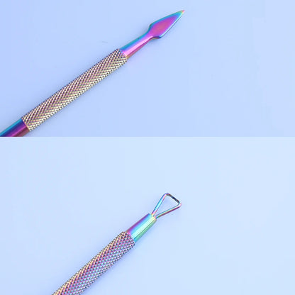 Iridescent (Rainbow) Dual End Stainless Steel Cuticle Pusher - Triangle & Arrow Head