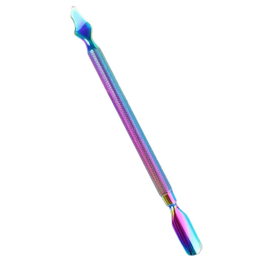 Iridescent (Rainbow) Dual End Stainless Steel Cuticle Pusher - Spoon & V‑shaped Head