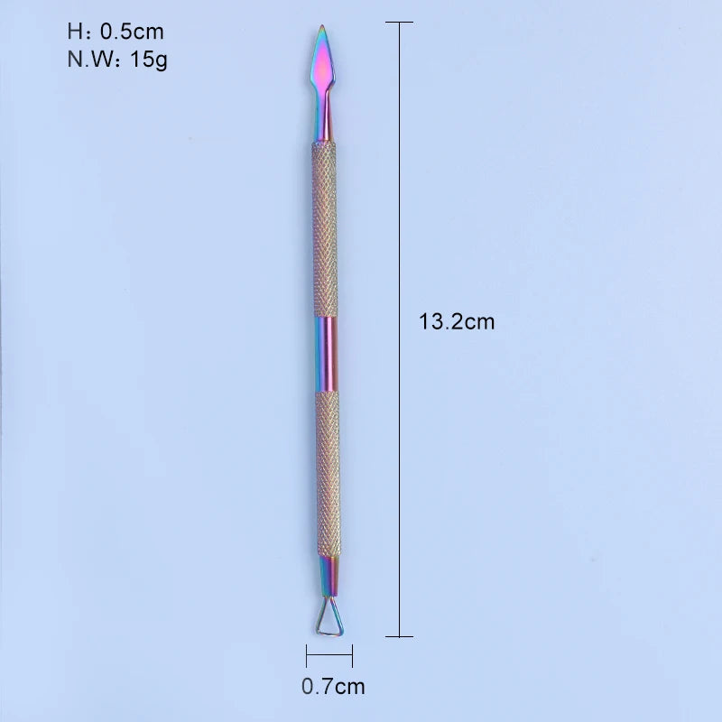 Iridescent (Rainbow) Dual End Stainless Steel Cuticle Pusher - Triangle & Arrow Head