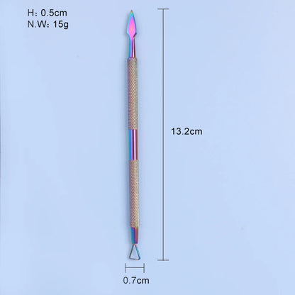 Iridescent (Rainbow) Dual End Stainless Steel Cuticle Pusher - Triangle & Arrow Head