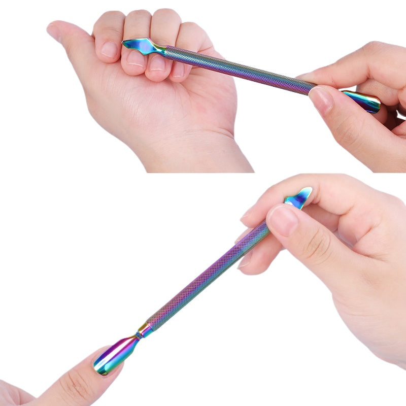 Iridescent (Rainbow) Dual End Stainless Steel Cuticle Pusher - Spoon & V‑shaped Head