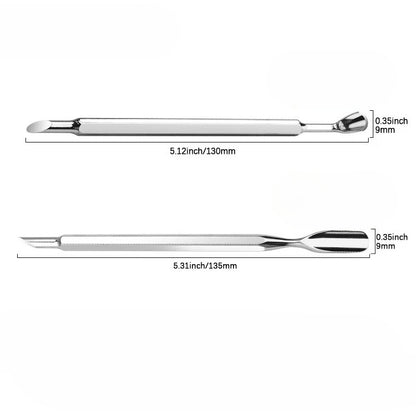 Dual End Stainless Steel Cuticle Pusher - Beveled Head with Spoon / Horseshoe (U-shaped) Head