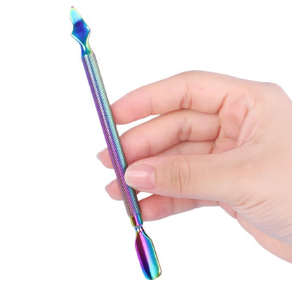 Iridescent (Rainbow) Dual End Stainless Steel Cuticle Pusher - Spoon & V‑shaped Head