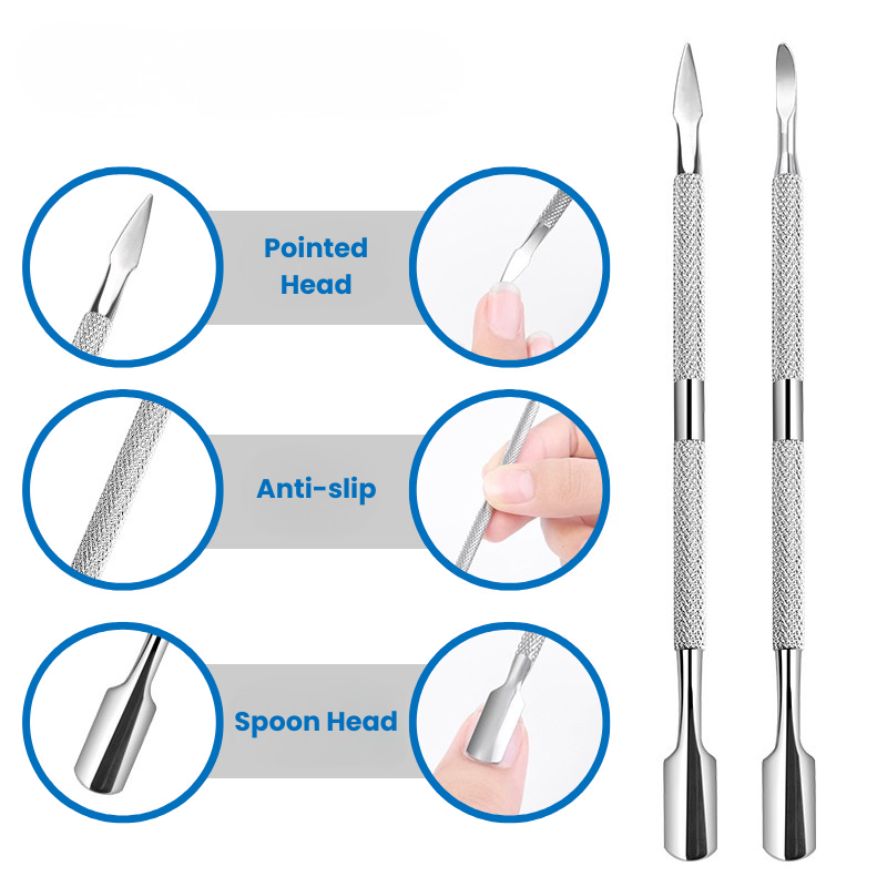 Dual End Stainless Steel Cuticle Pusher Set - Spoon & Various Head