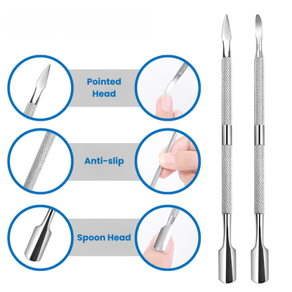 Dual End Stainless Steel Cuticle Pusher Set - Spoon & Various Head