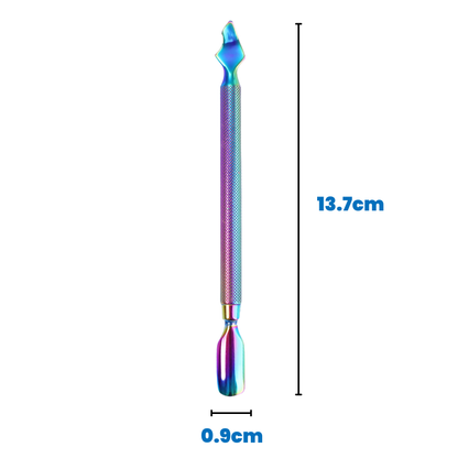 Iridescent (Rainbow) Dual End Stainless Steel Cuticle Pusher - Spoon & V‑shaped Head