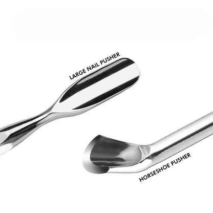 Dual End Stainless Steel Cuticle Pusher - Beveled Head with Spoon / Horseshoe (U-shaped) Head